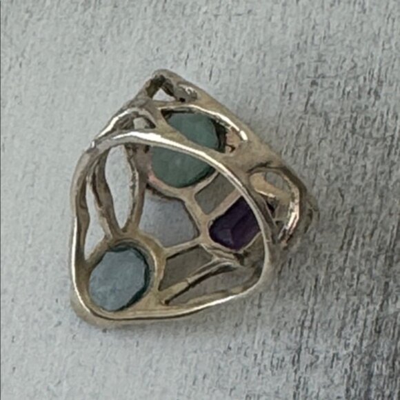 925 Sterling Silver Lacy Bezel Ring 3 Gemstones Purple, Blue & Aqua India Sz.7 - Picture 14 of 16